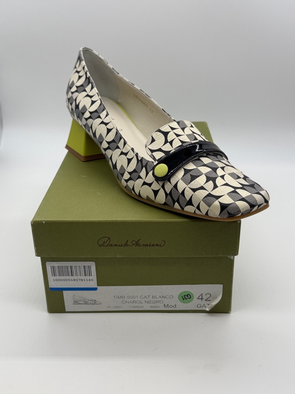 Daniele Anacarani Black & White Geometric Loafer with Lime Accent